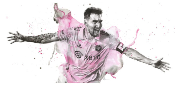 Lionel Messi art print, detailed mixed media drawing using watercolor paint and graphite pencil of the iconic soccer player
