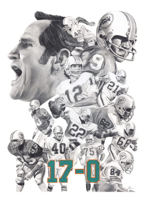 Undefeated 1972 Miami Dolphins Perfect Season eason pencil drawing, football art print