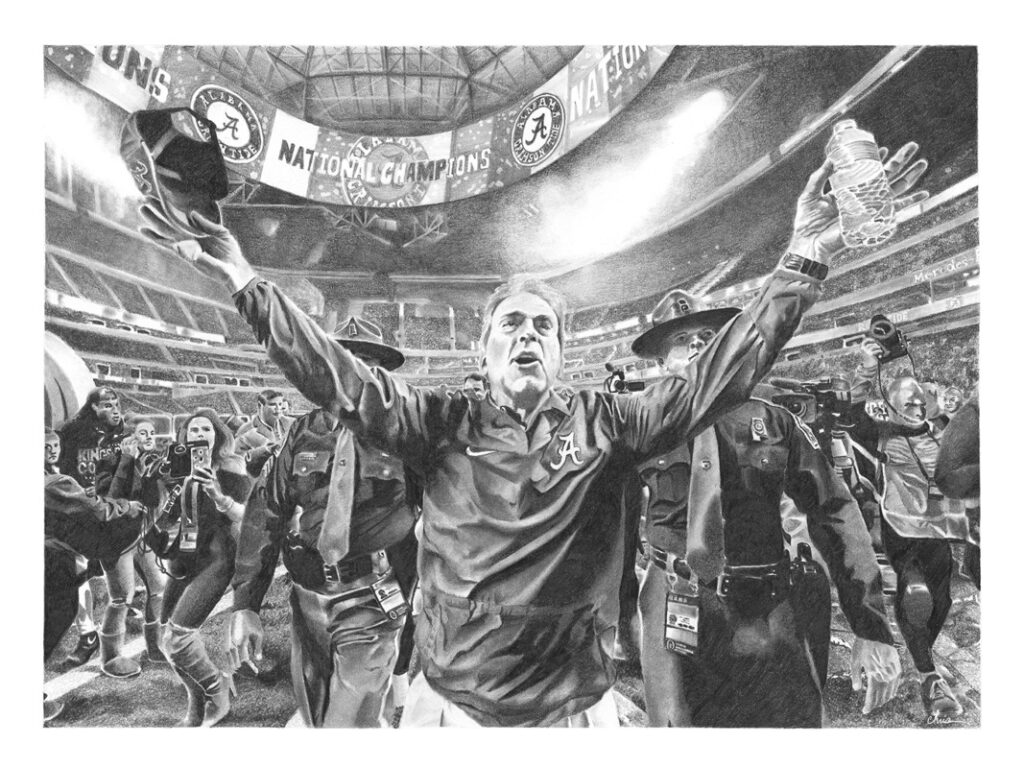 Legendary Nick Saban pencil drawing, Alabama Crimson Tide football art print celebrating 2020 National Championship