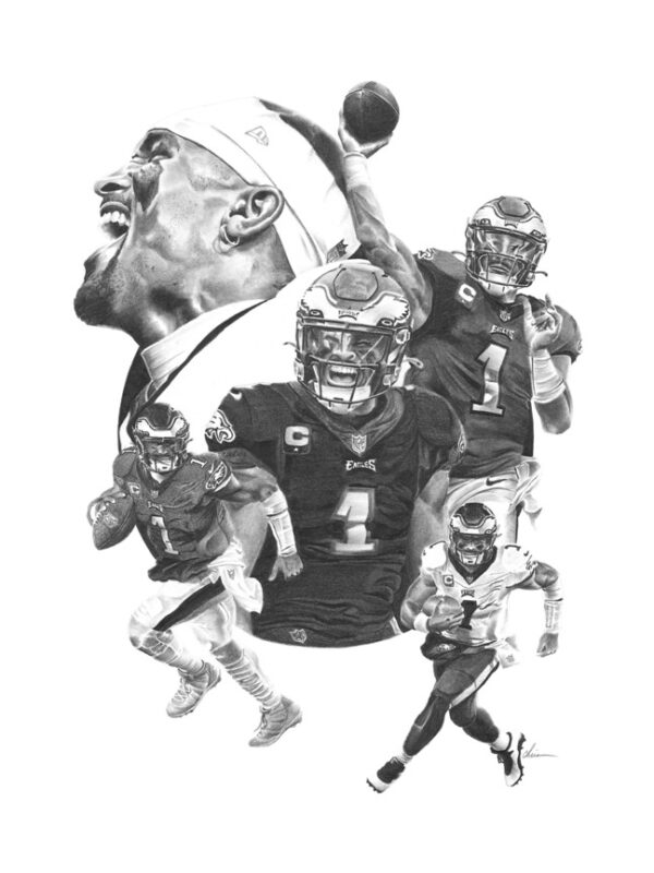 Black-and-white pencil drawing of Jalen Hurts celebrating his Super Bowl 59 MVP victory, commemorating his championship moment with the Philadelphia Eagles