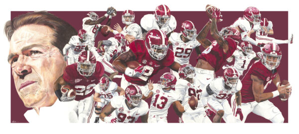 The Dynasty drawing of Nick Saban and Alabama football players – 18x40 colored pencil artwork