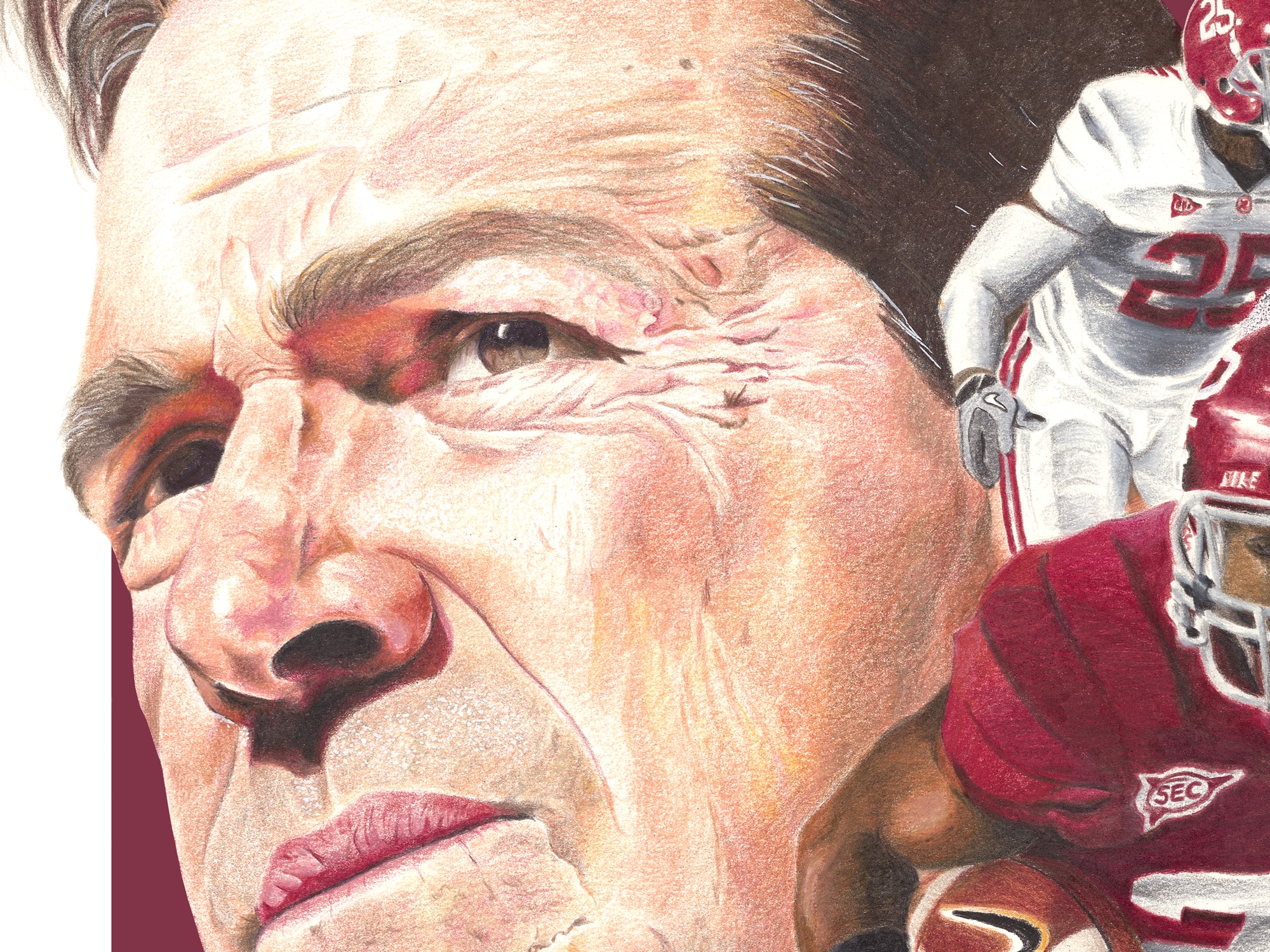 Detail of The Dynasty: Nick Saban's face in colored pencil by Chris Schain