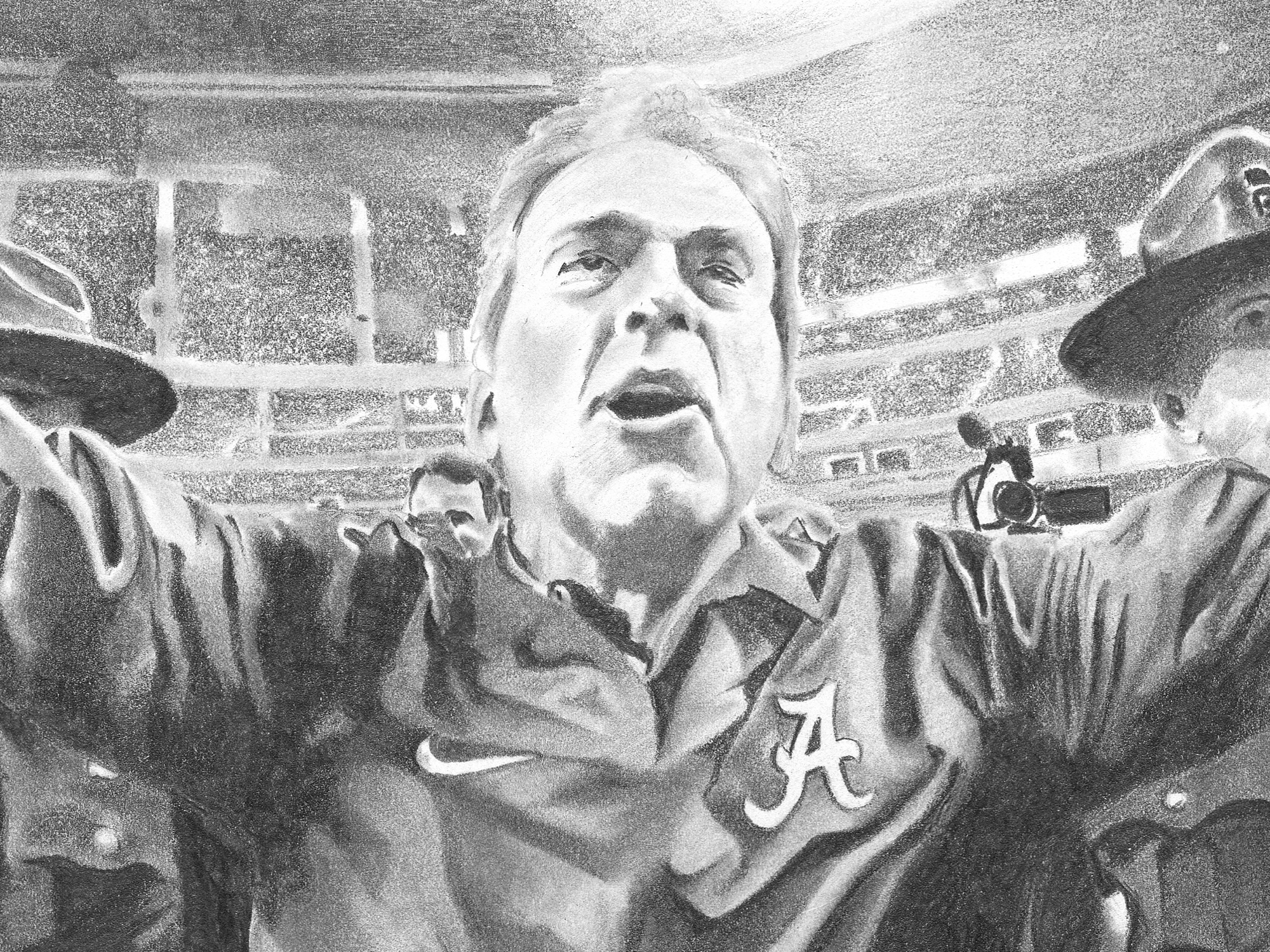 Detail of Legendary: Nick Saban arms wide in the stadium, pencil drawing by Chris Schain