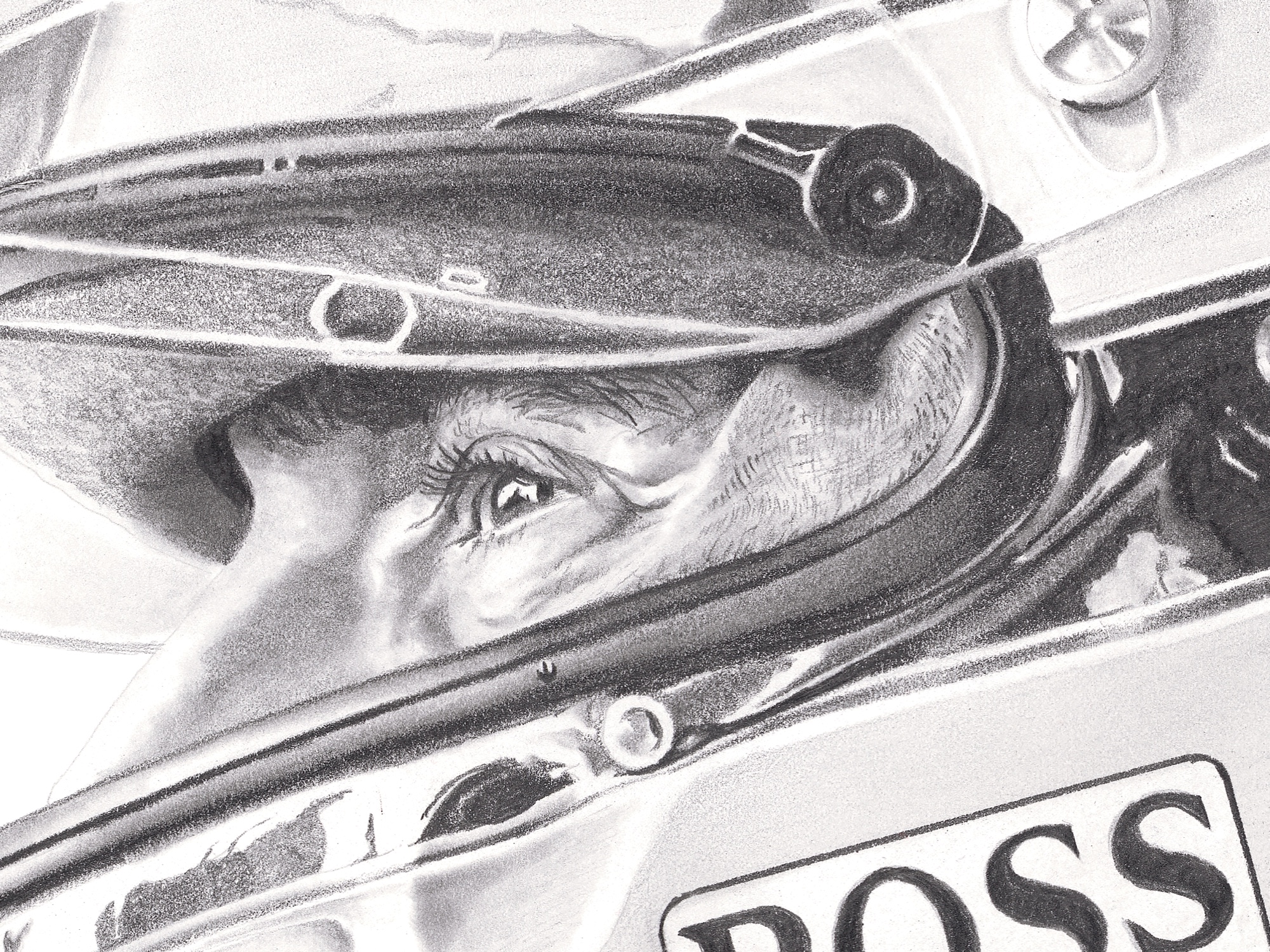 Detail of Senna Sempre: Ayrton Senna's eye through the helmet visor, graphite drawing by Chris Schain