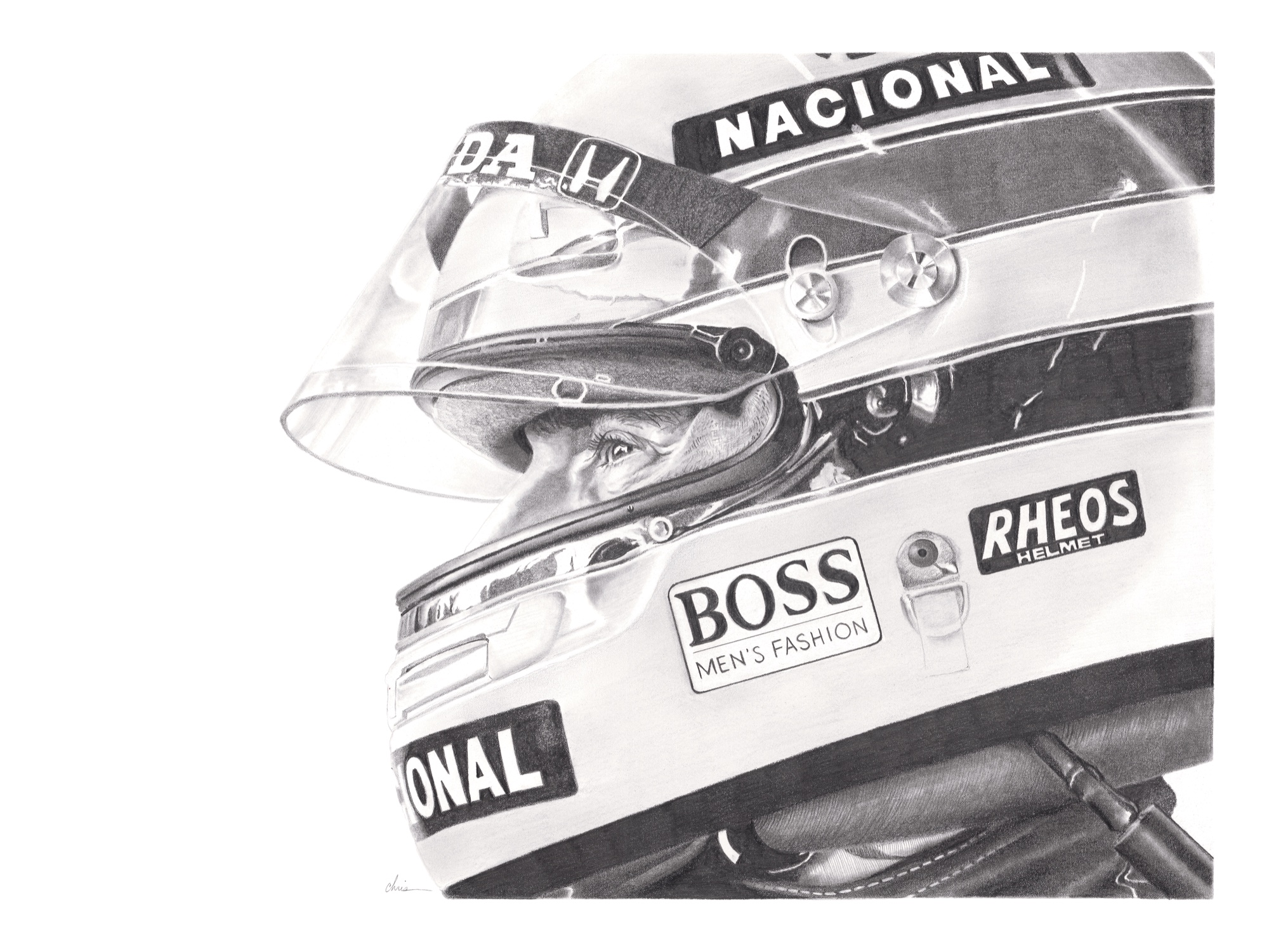 Senna Sempre: Ayrton Senna in his helmet, graphite drawing by Chris Schain